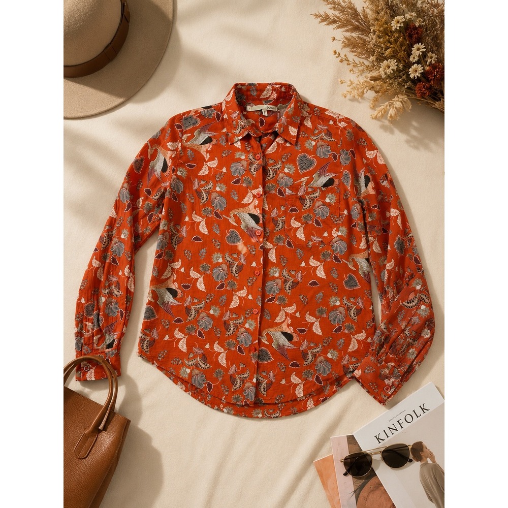Acote‎ Women Orange Crane Bird Floral Print Cotton Button Up Shirt Blouse Size 1